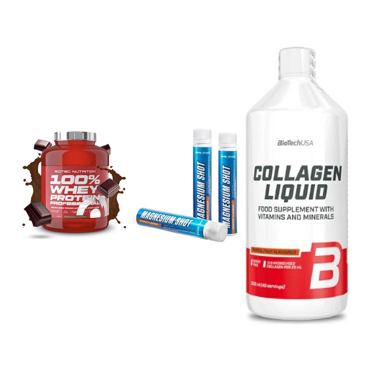 Regenerations-Set: Scitec 100% + Body Attack + BioTech Collage – alle enthaltenen Artikel