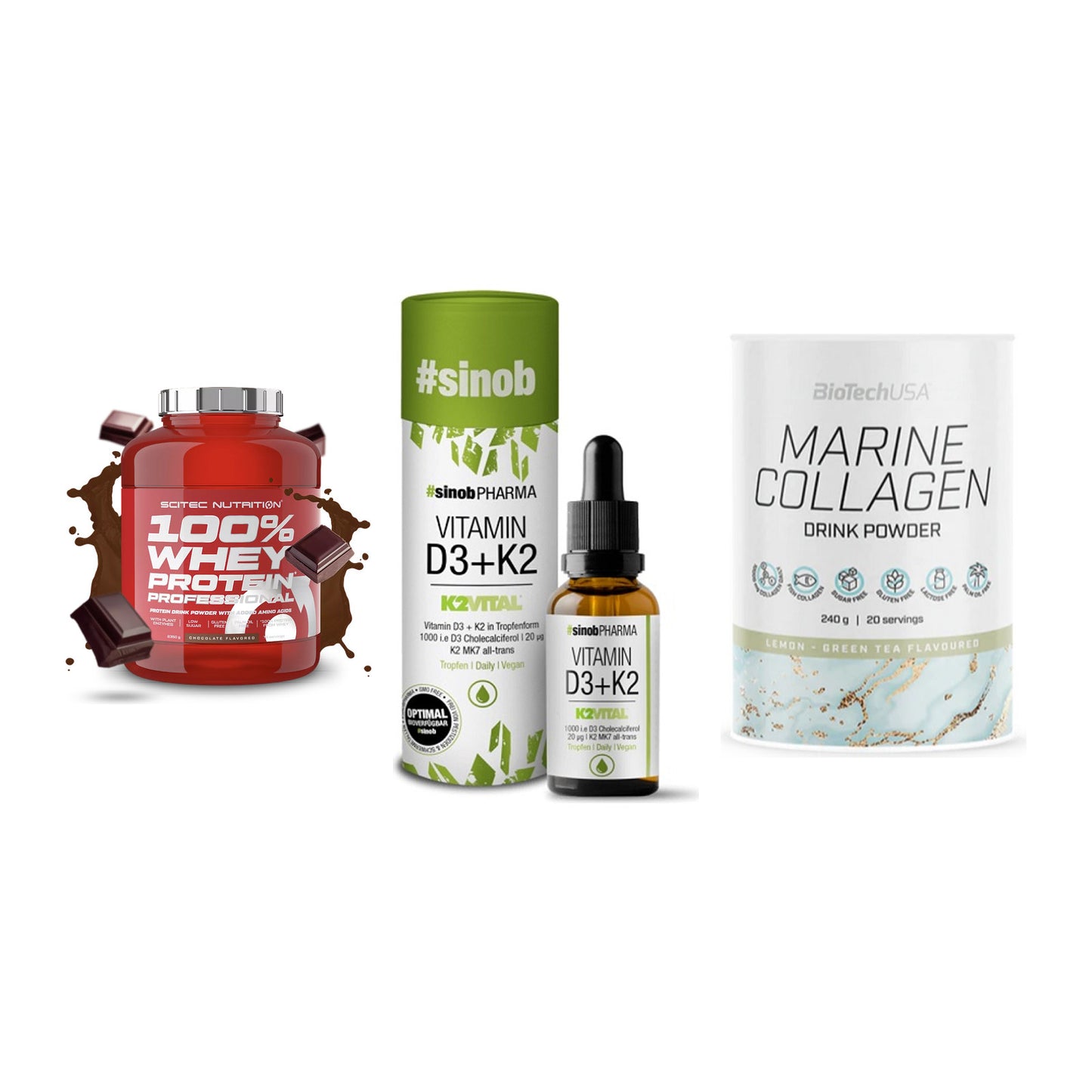 Regenerations-Set: Scitec 100% + Sinob Vitamin + BioTech Marine – alle enthaltenen Artikel