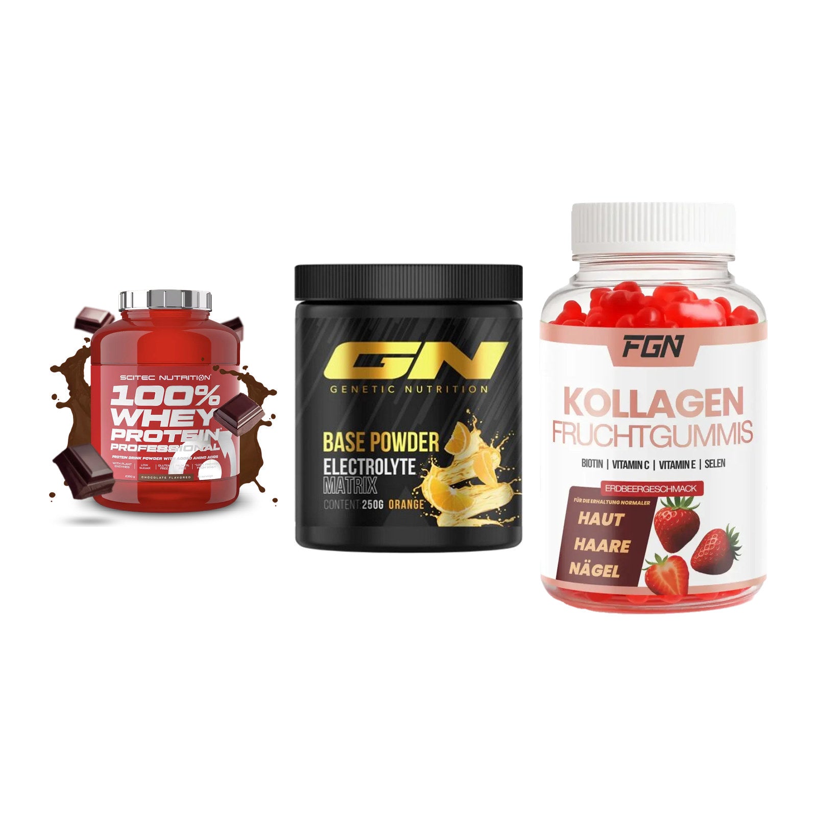 Regenerations-Set: Scitec 100% + GN Base Powder + FGN Kollagen 60 – alle enthaltenen Artikel