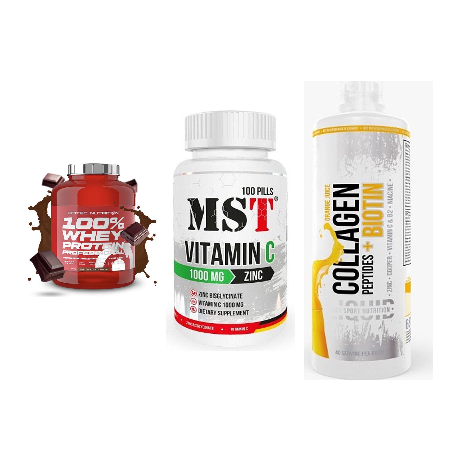 Regenerations-Set: Scitec 100% + MST Vitamin C + MST Collagen – alle enthaltenen Artikel