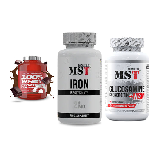 Regenerations-Set: Scitec 100% + MST Iron + MST Glucosamine – alle enthaltenen Artikel