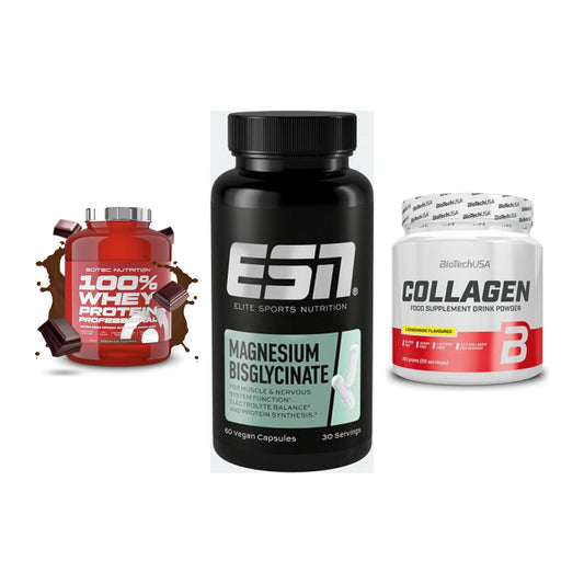 Regenerations-Set: Scitec 100% + ESN Magnesium + BioTech Collage – alle enthaltenen Artikel