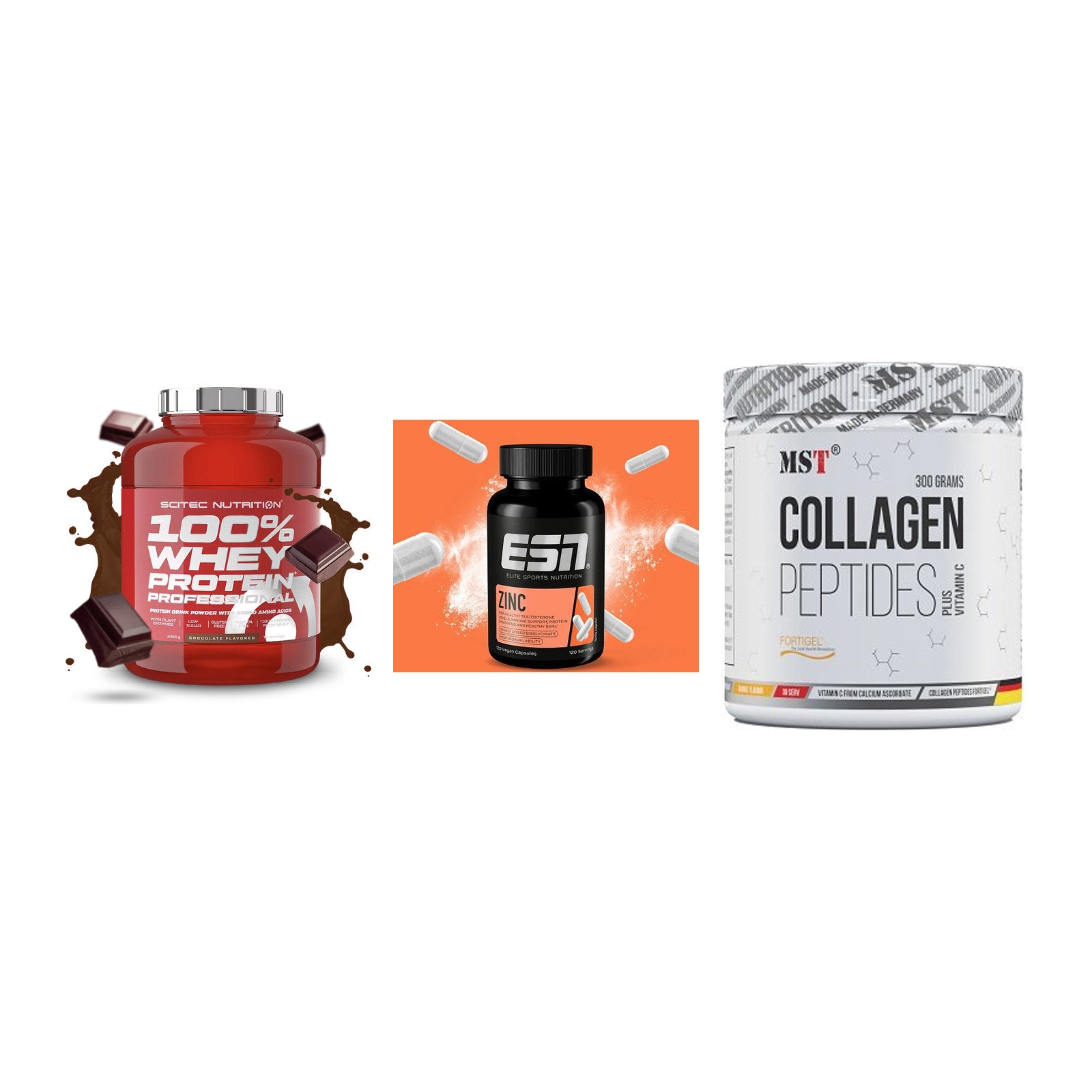 Regenerations-Set: Scitec 100% + ESN Zinc + MST Collagen – alle enthaltenen Artikel
