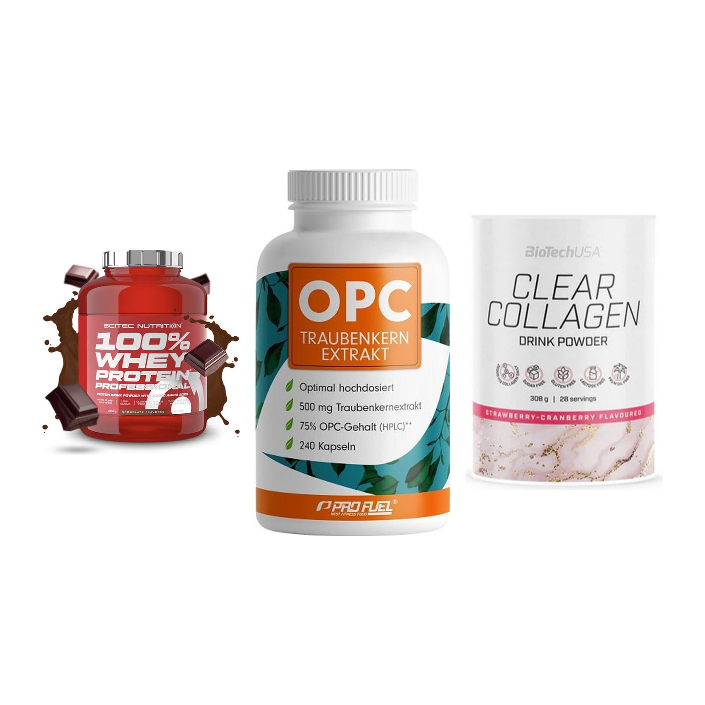 Regenerations-Set: Scitec 100% + ProFuel OPC + BioTech Clear – alle enthaltenen Artikel
