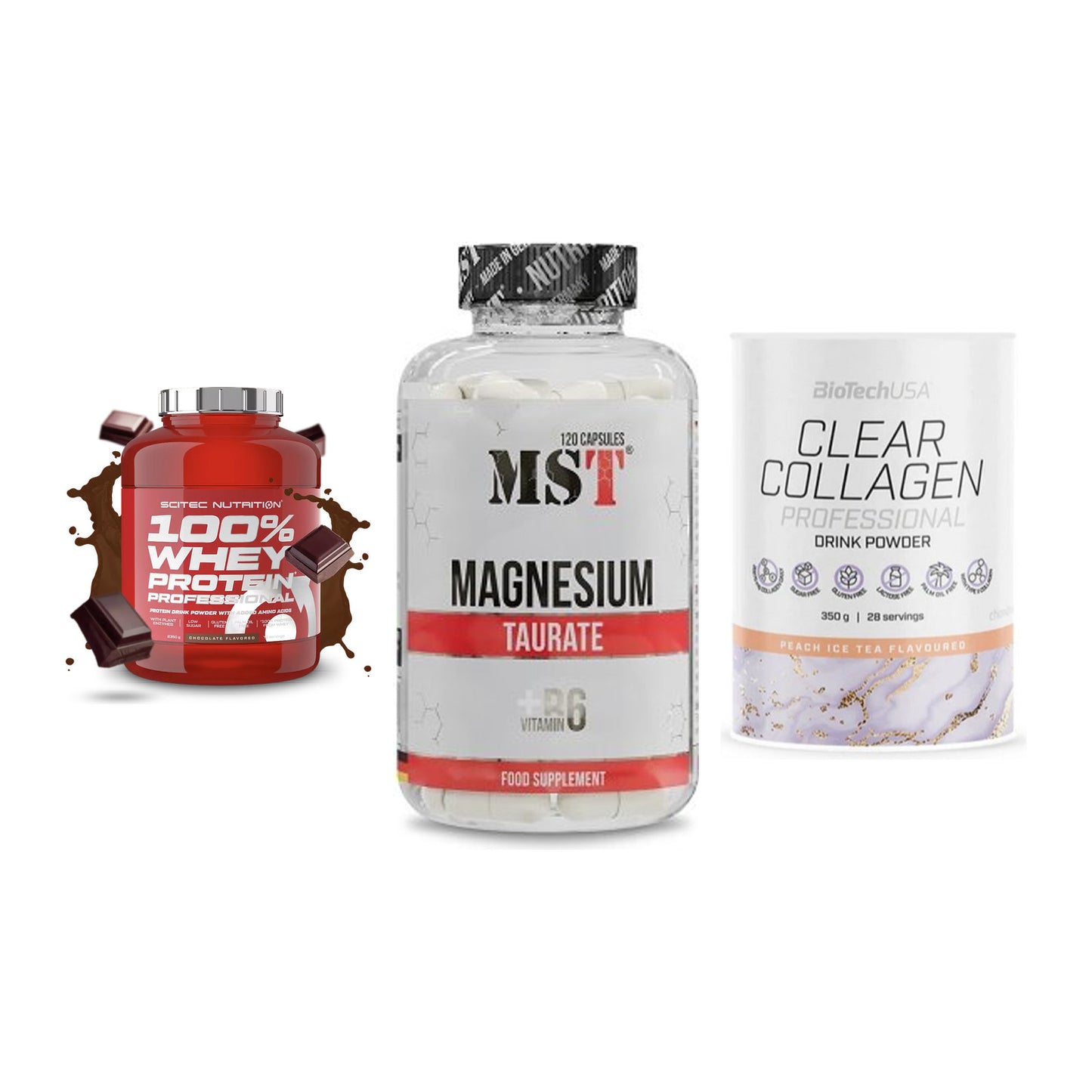 Regenerations-Set: Scitec 100% + MST Magnesium + BioTech Clear – alle enthaltenen Artikel