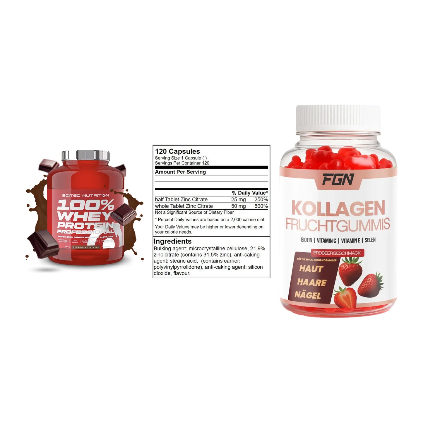 Regenerations-Set: Scitec 100% + GN Zinc Citrate + FGN Kollagen 60 – alle enthaltenen Artikel