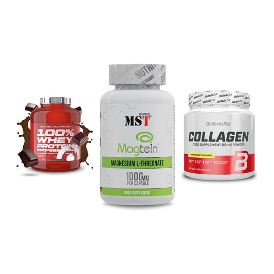 Regenerations-Set: Scitec 100% + MST Magnesium + BioTech Collage – alle enthaltenen Artikel
