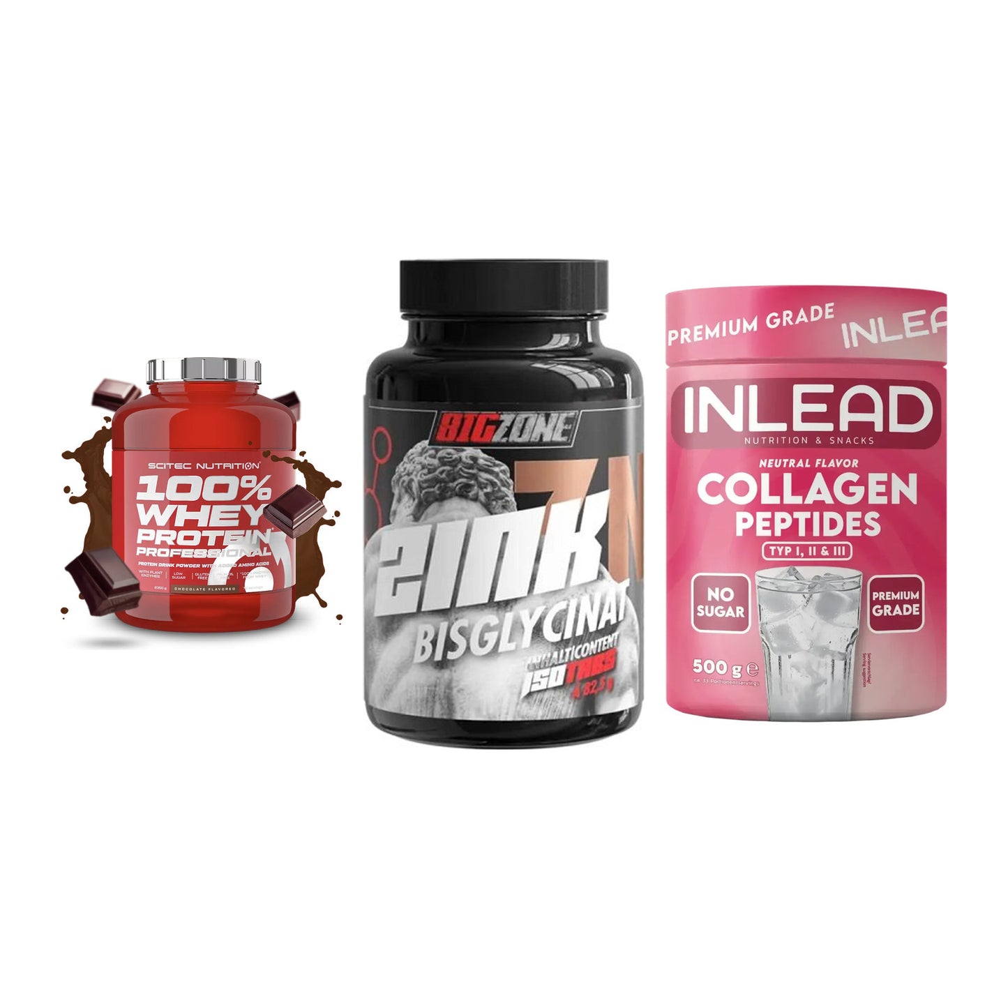 Regenerations-Set: Scitec 100% + Big Zone Zink + INLEAD Collagen – alle enthaltenen Artikel