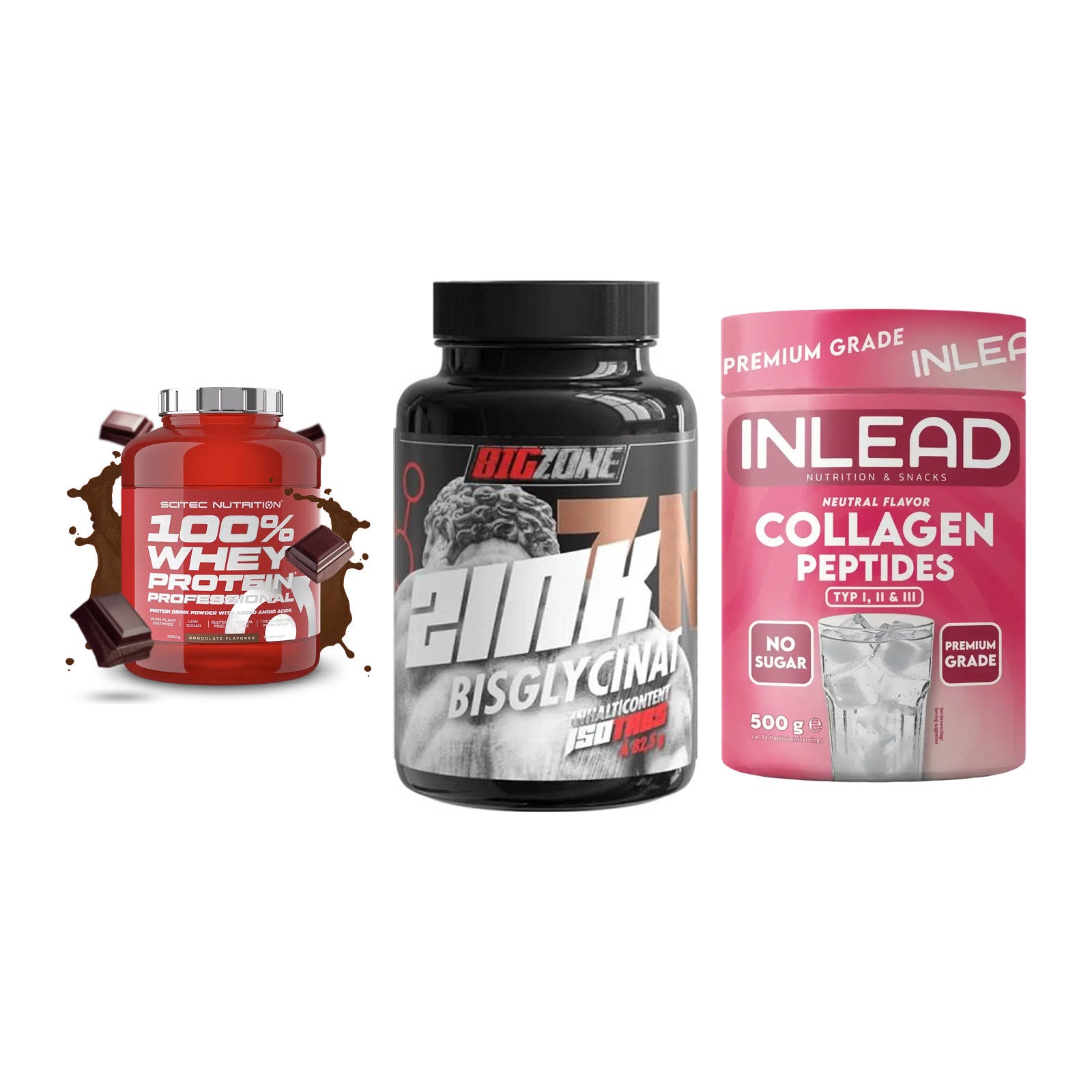 Regenerations-Set: Scitec 100% + Big Zone Zink + INLEAD Collagen – alle enthaltenen Artikel