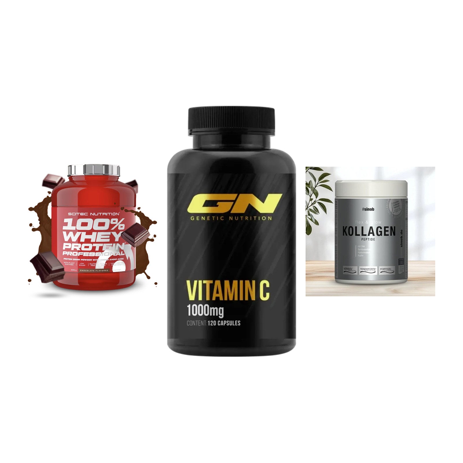 Regenerations-Set: Scitec 100% + GN Vitamin C + Sinob Kollagen – alle enthaltenen Artikel