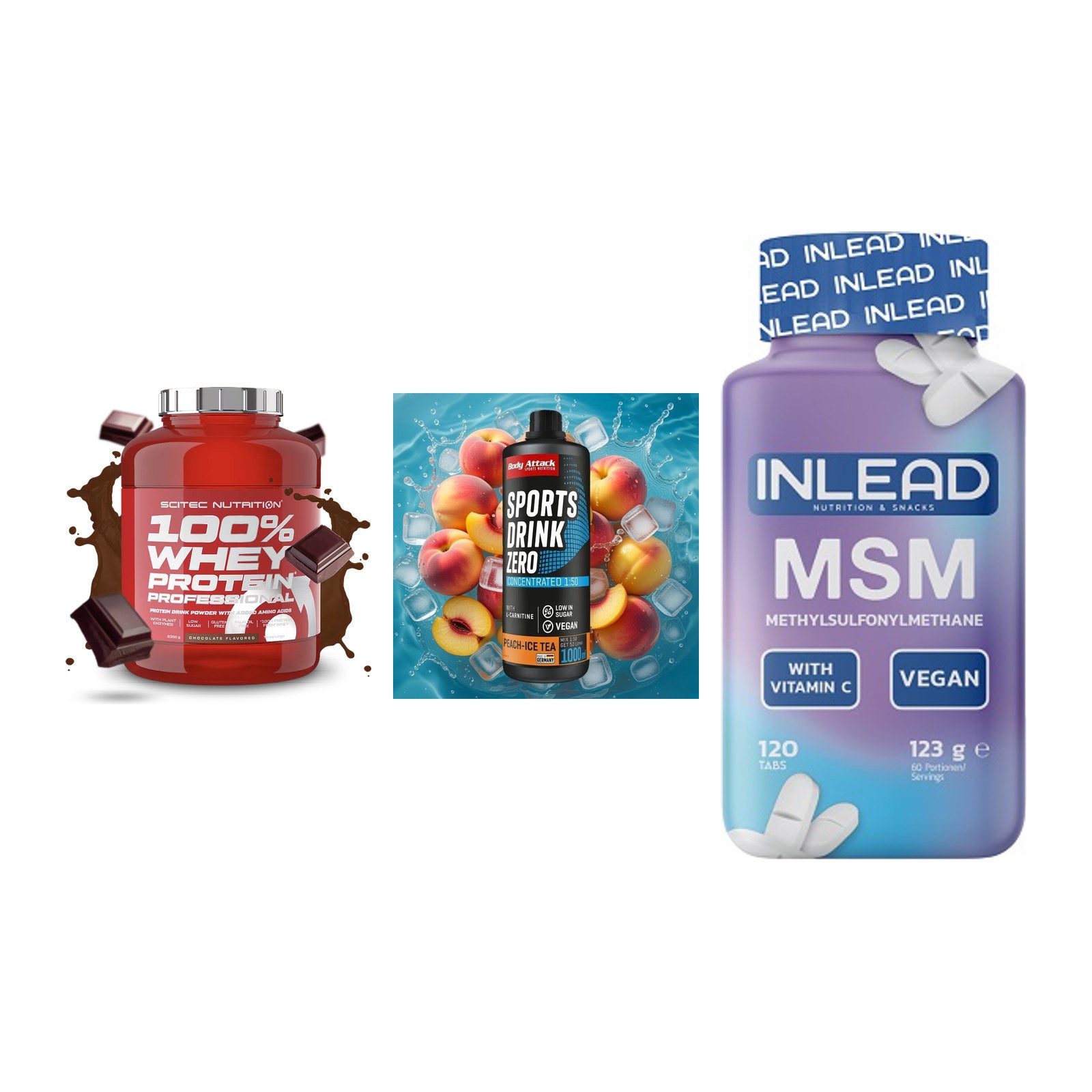 Regenerations-Set: Scitec 100% + Body Attack + INLEAD MSM – alle enthaltenen Artikel