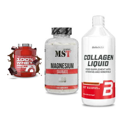 Regenerations-Set: Scitec 100% + MST Magnesium + BioTech Collage – alle enthaltenen Artikel