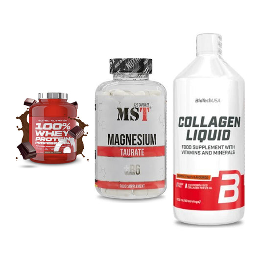 Regenerations-Set: Scitec 100% + MST Magnesium + BioTech Collage – alle enthaltenen Artikel