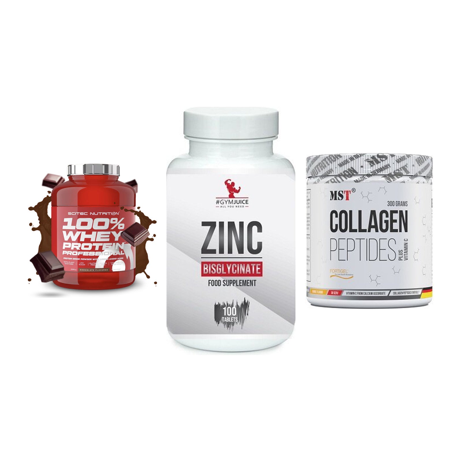 Regenerations-Set: Scitec 100% + #GYMJUICE ZINC + MST Collagen – alle enthaltenen Artikel