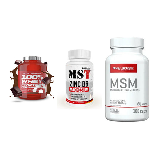 Regenerations-Set: Scitec 100% + MST Zinc + Body Attack MSM – alle enthaltenen Artikel