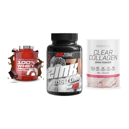 Regenerations-Set: Scitec 100% + Big Zone Zink + BioTech Clear – alle enthaltenen Artikel