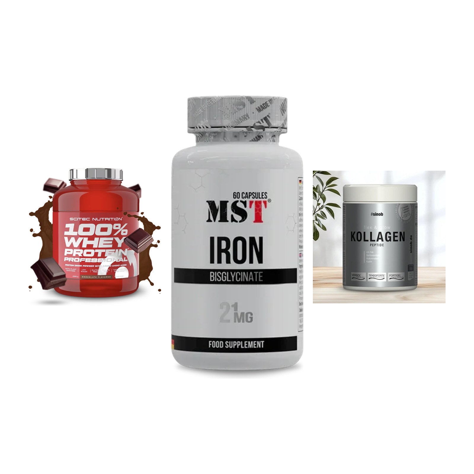 Regenerations-Set: Scitec 100% + MST Iron + Sinob Kollagen – alle enthaltenen Artikel