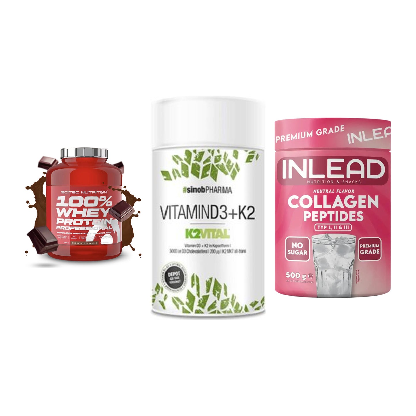 Regenerations-Set: Scitec 100% + Sinob Vitamin + INLEAD Collagen – alle enthaltenen Artikel