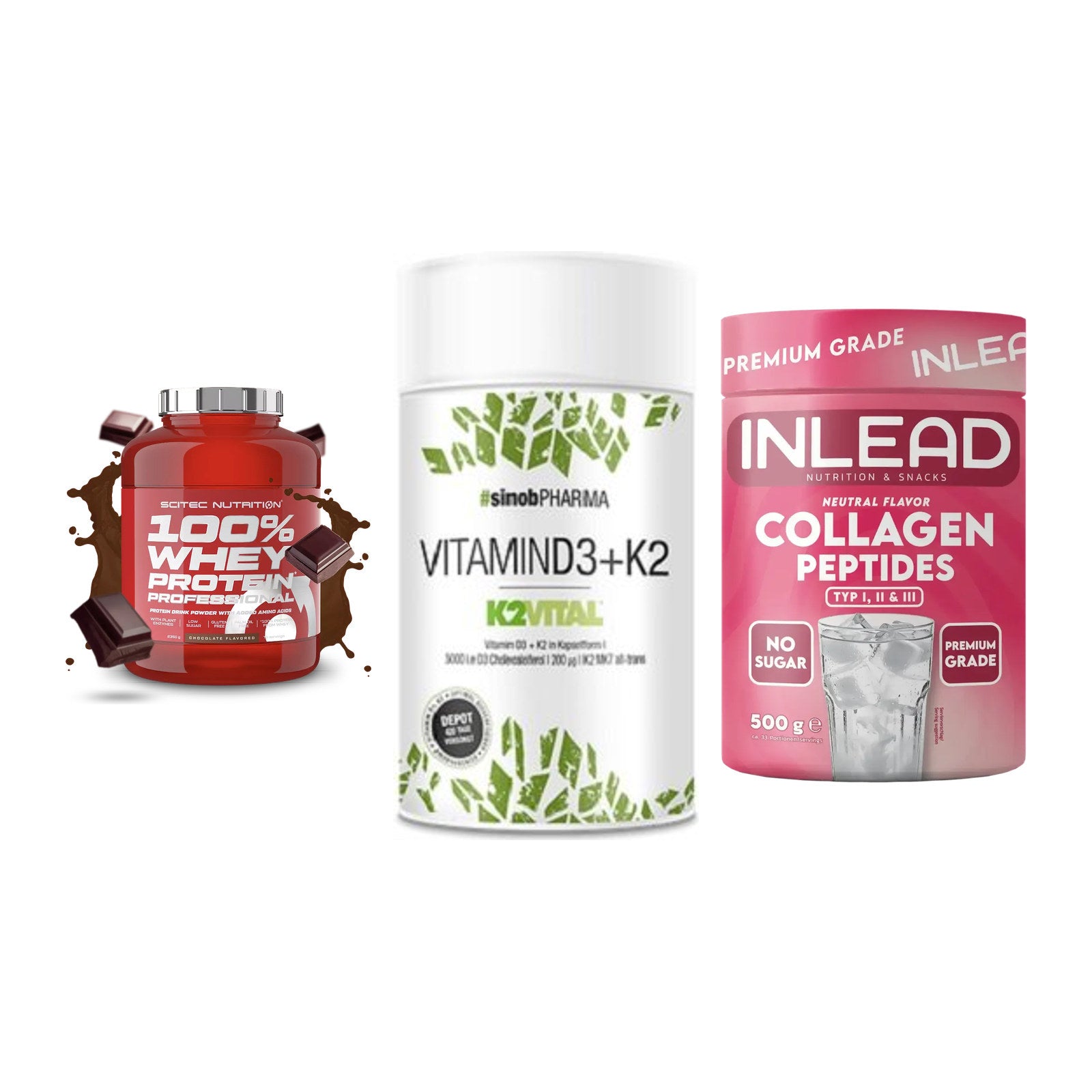 Regenerations-Set: Scitec 100% + Sinob Vitamin + INLEAD Collagen – alle enthaltenen Artikel