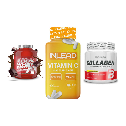 Regenerations-Set: Scitec 100% + INLEAD Vitamin + BioTech Collage – alle enthaltenen Artikel