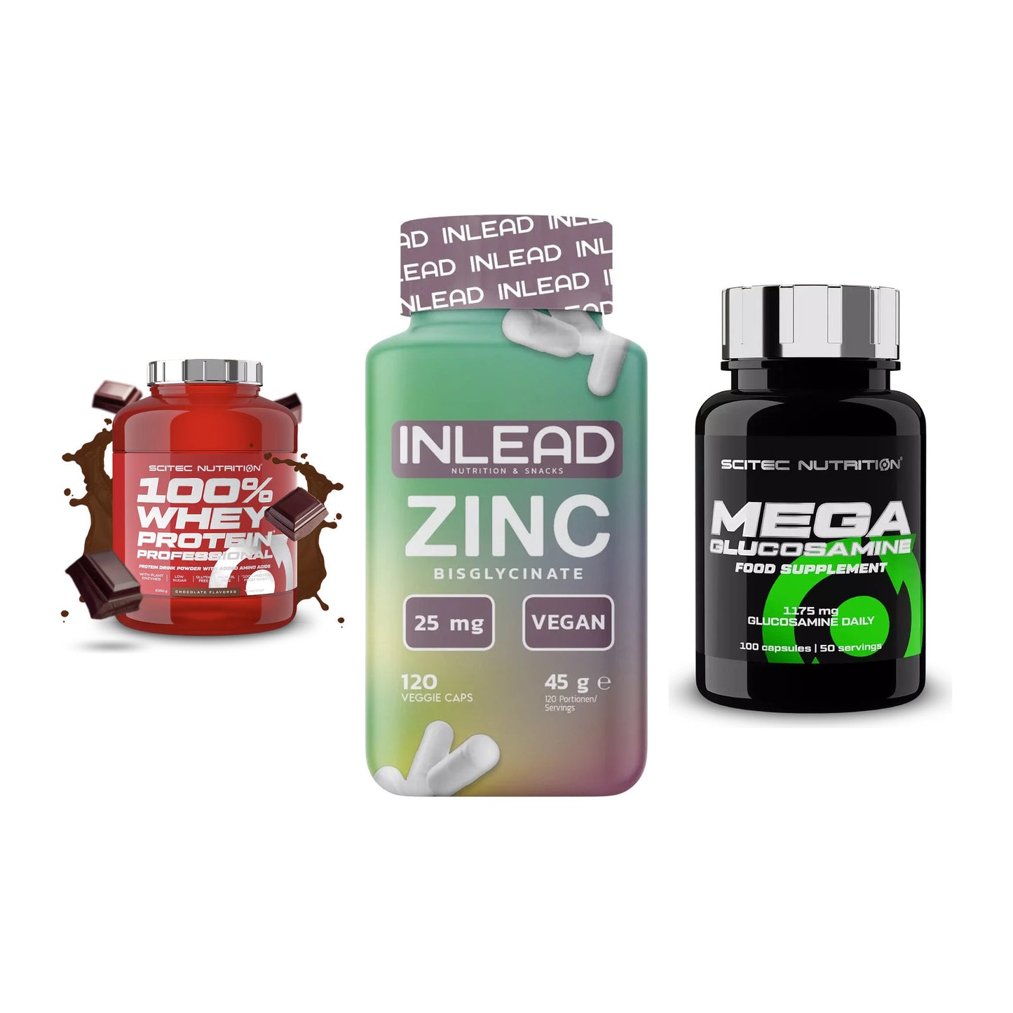 Regenerations-Set: Scitec 100% + INLEAD Zink + Scitec Mega – alle enthaltenen Artikel