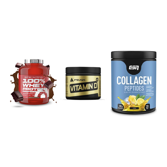 Regenerations-Set: Scitec 100% + Peak Vitamin D + ESN Collagen – alle enthaltenen Artikel