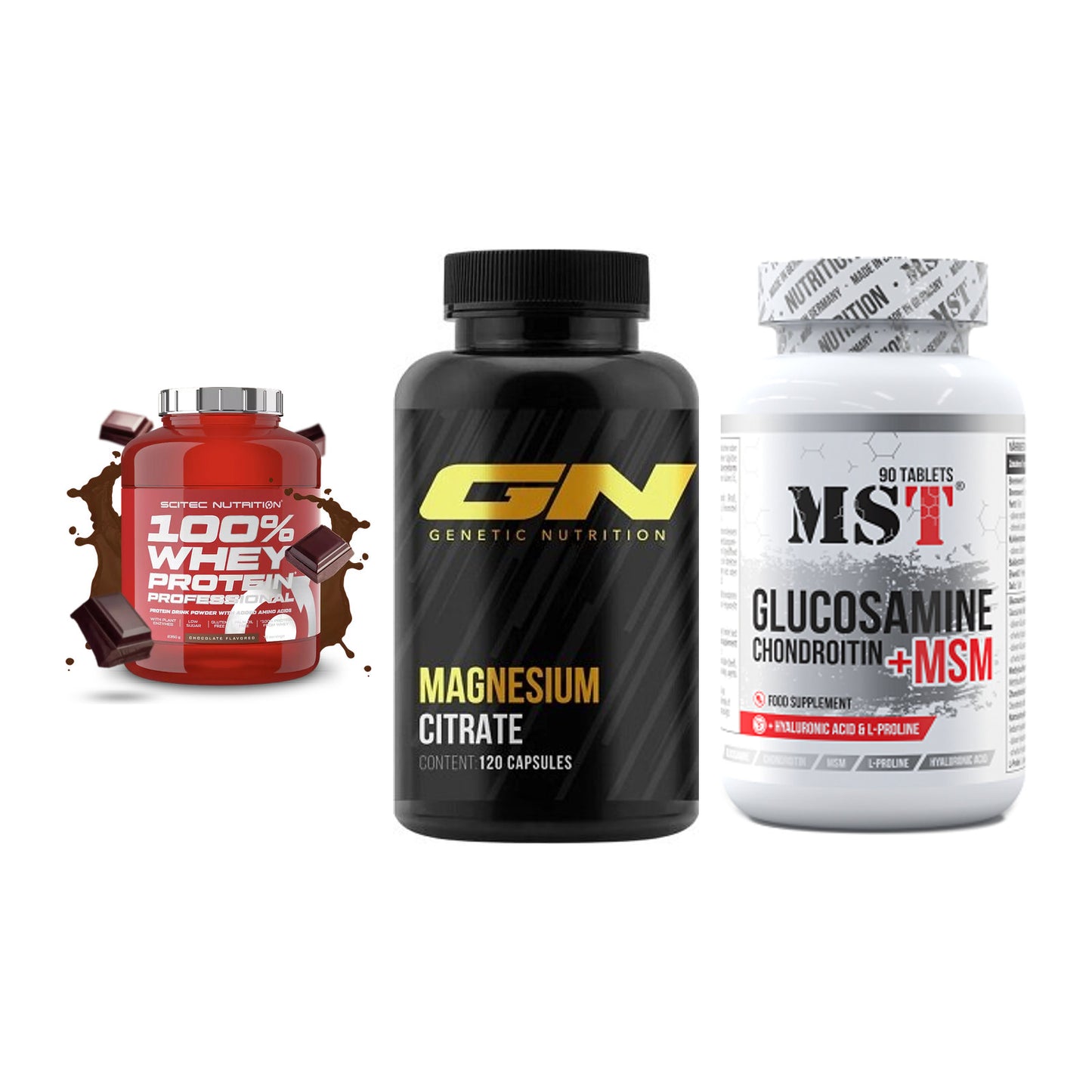 Regenerations-Set: Scitec 100% + GN Magnesium + MST Glucosamine – alle enthaltenen Artikel