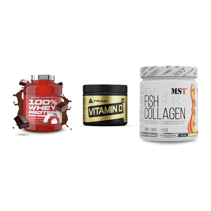 Regenerations-Set: Scitec 100% + Peak Vitamin D + MST Beauty Fish – alle enthaltenen Artikel