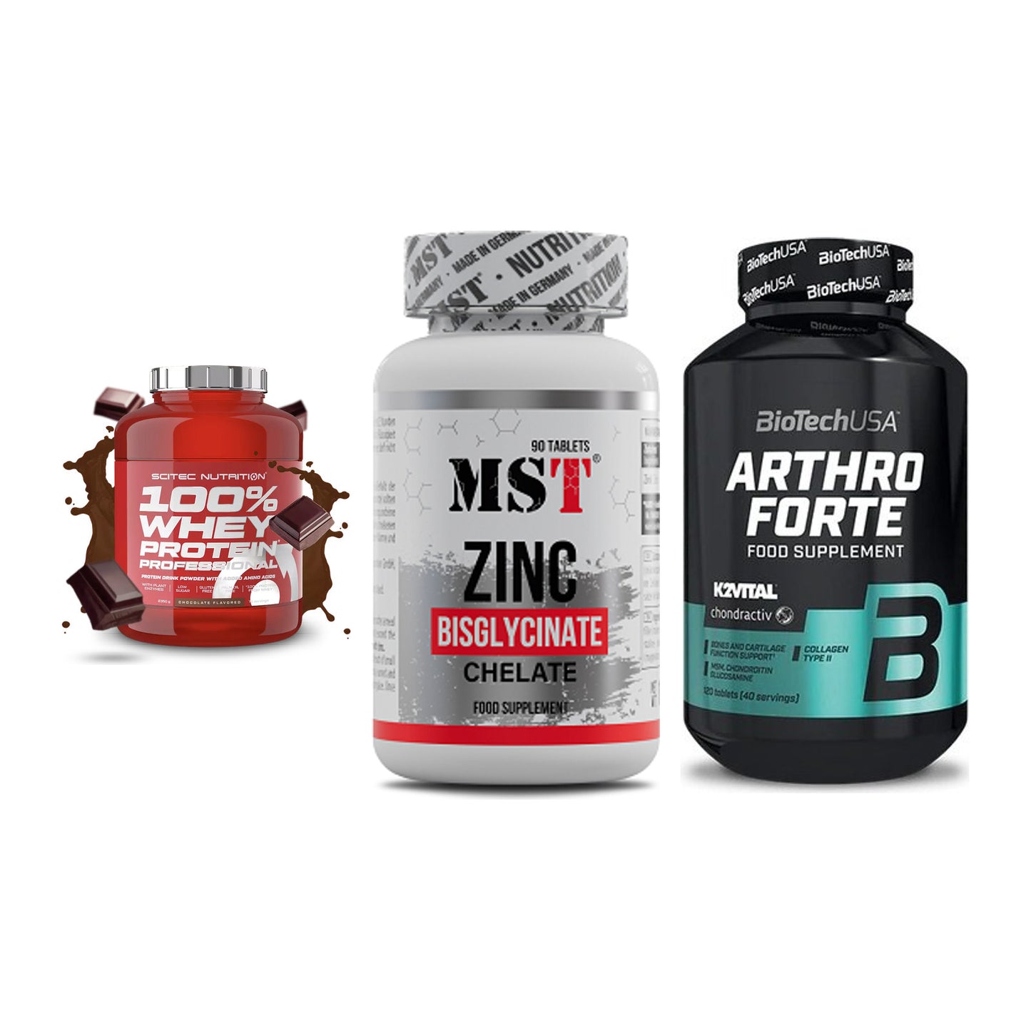 Regenerations-Set: Scitec 100% + MST Zinc + BioTech Arthro – alle enthaltenen Artikel