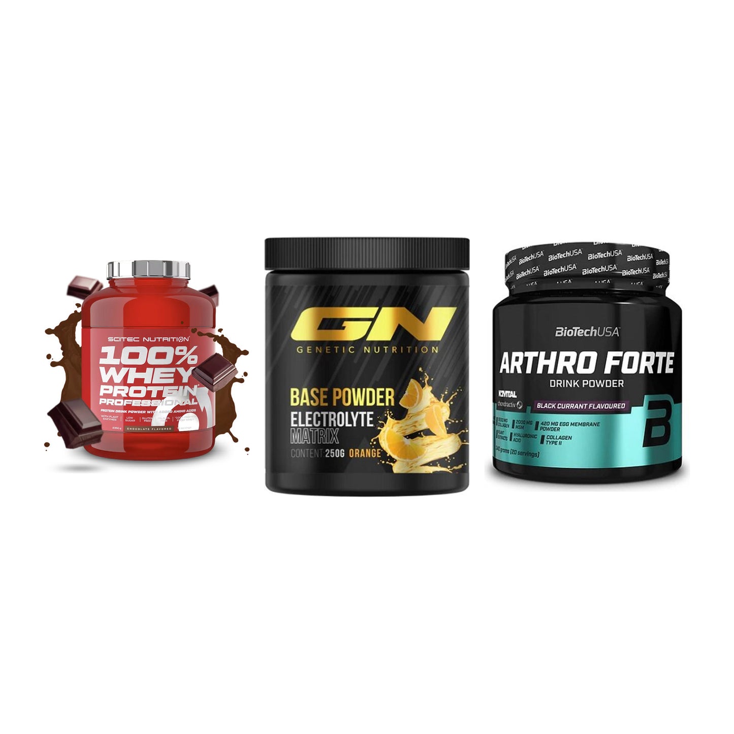 Regenerations-Set: Scitec 100% + GN Base Powder + BioTech Arthro – alle enthaltenen Artikel