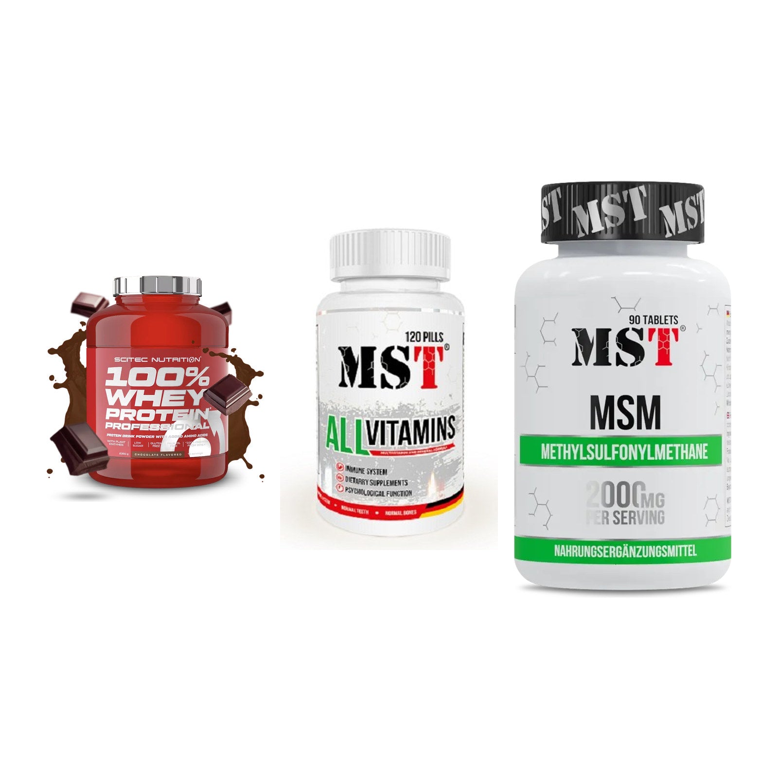 Regenerations-Set: Scitec 100% + MST All Vitamin + MST MSM 2000 / – alle enthaltenen Artikel