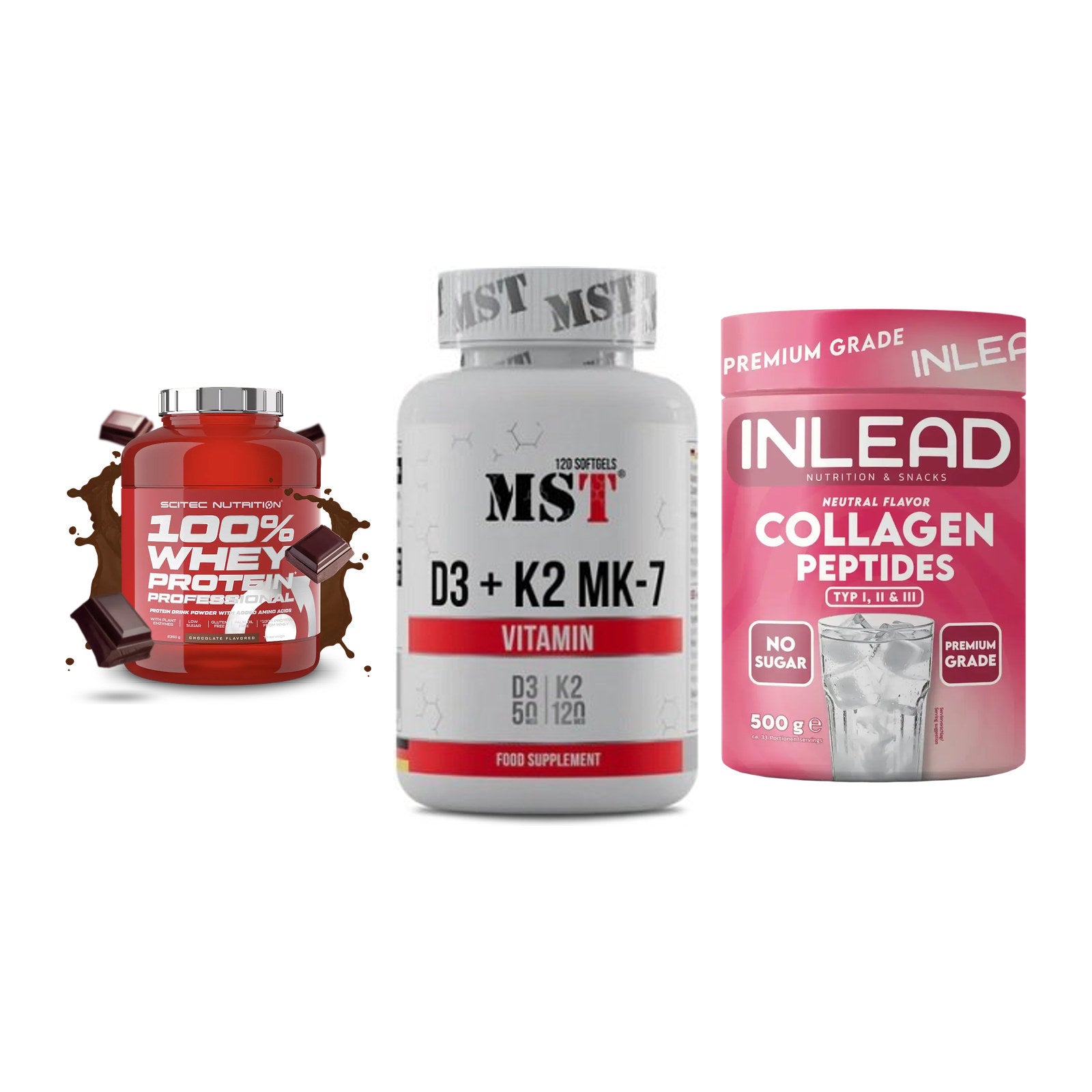 Regenerations-Set: Scitec 100% + MST Vitamin D3 + INLEAD Collagen – alle enthaltenen Artikel