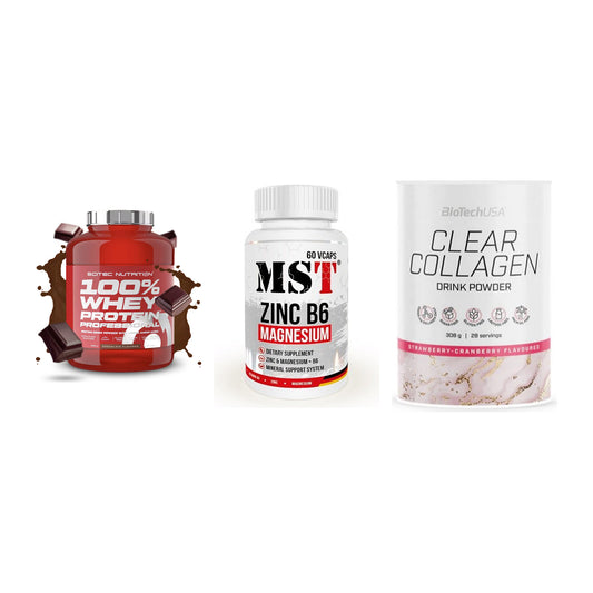 Regenerations-Set: Scitec 100% + MST Zinc + BioTech Clear – alle enthaltenen Artikel