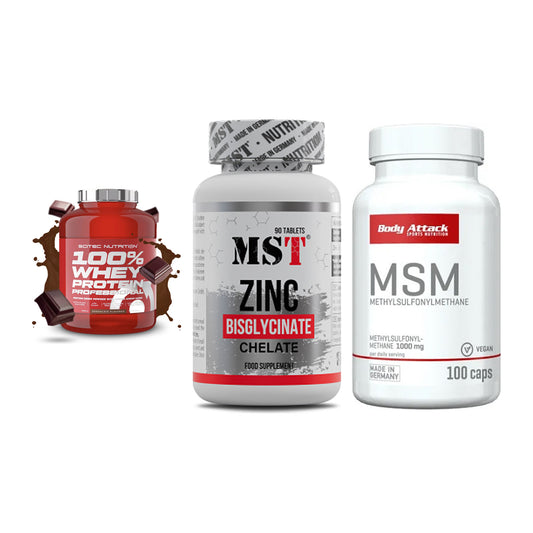 Regenerations-Set: Scitec 100% + MST Zinc + Body Attack MSM – alle enthaltenen Artikel