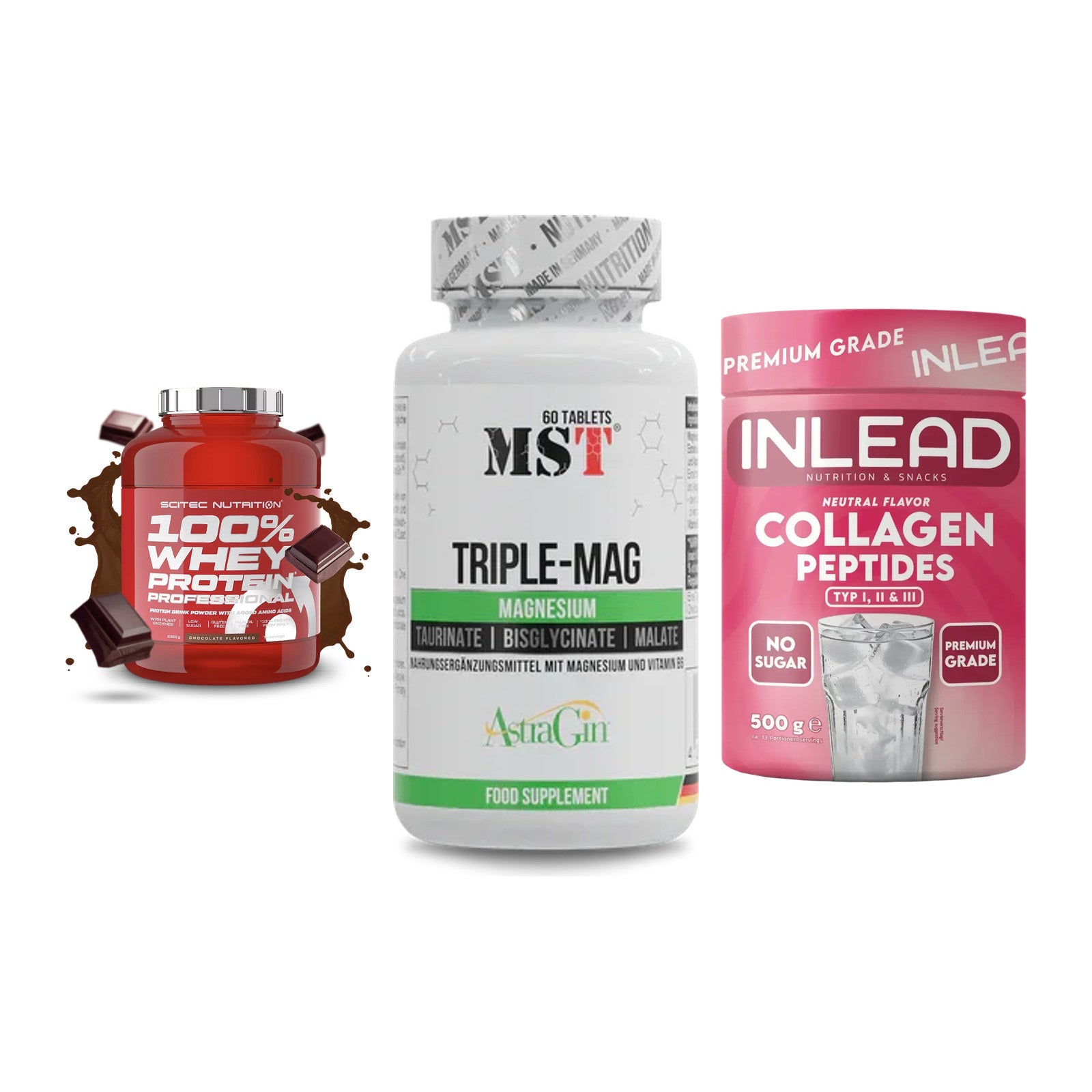 Regenerations-Set: Scitec 100% + MST Tripple Mag + INLEAD Collagen – alle enthaltenen Artikel