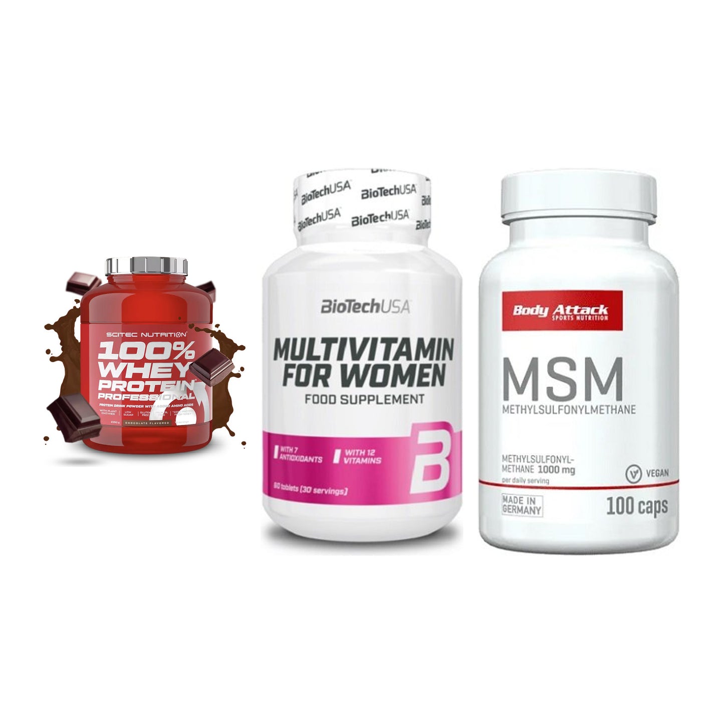 Regenerations-Set: Scitec 100% + BioTech Multivi + Body Attack MSM – alle enthaltenen Artikel