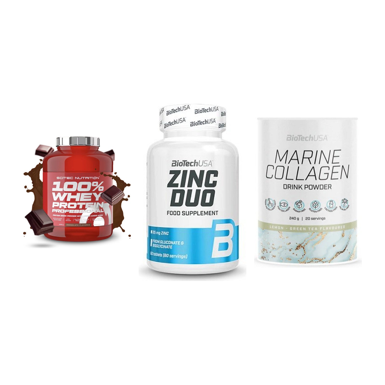Regenerations-Set: Scitec 100% + BioTech Zinc + BioTech Marine – alle enthaltenen Artikel