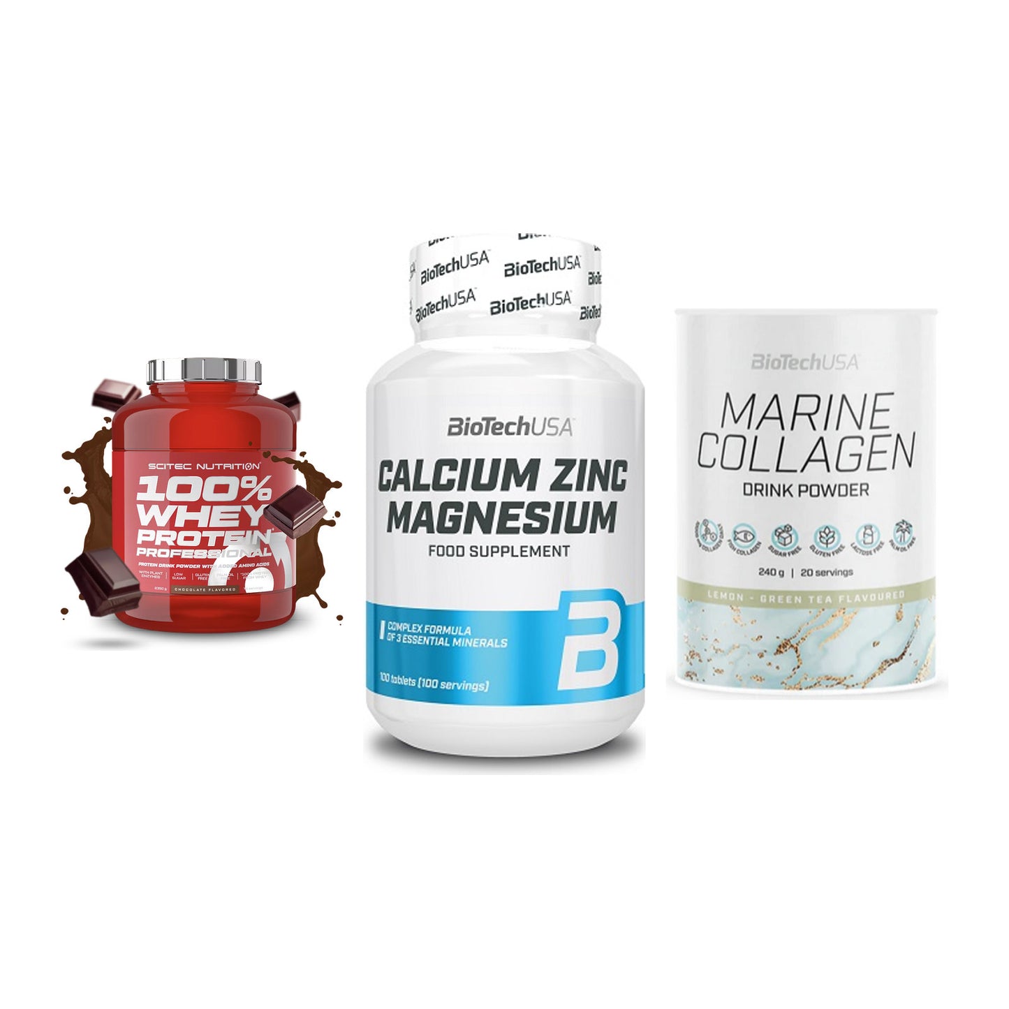 Regenerations-Set: Scitec 100% + BioTech Calcium + BioTech Marine – alle enthaltenen Artikel