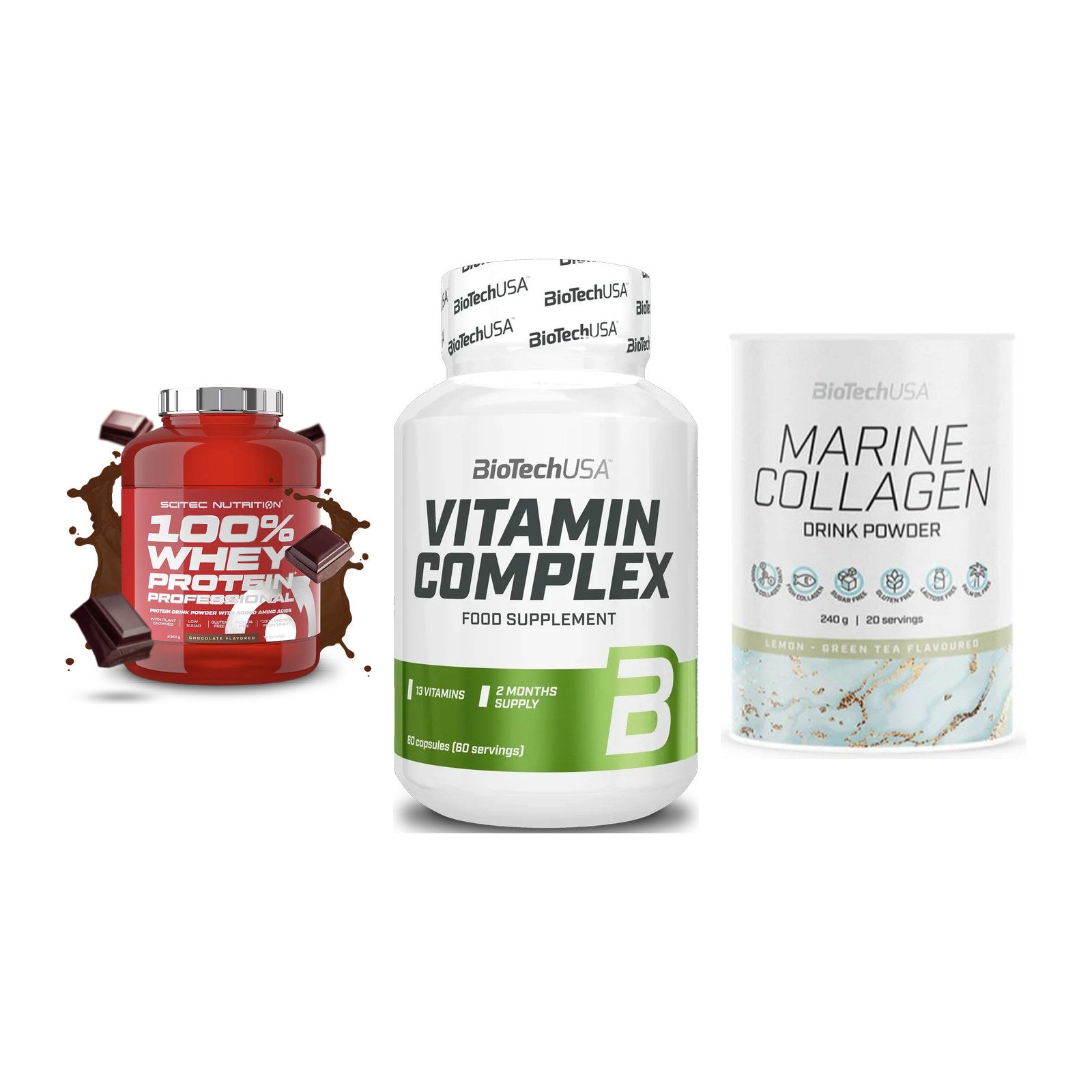 Regenerations-Set: Scitec 100% + BioTech Vitamin + BioTech Marine – alle enthaltenen Artikel