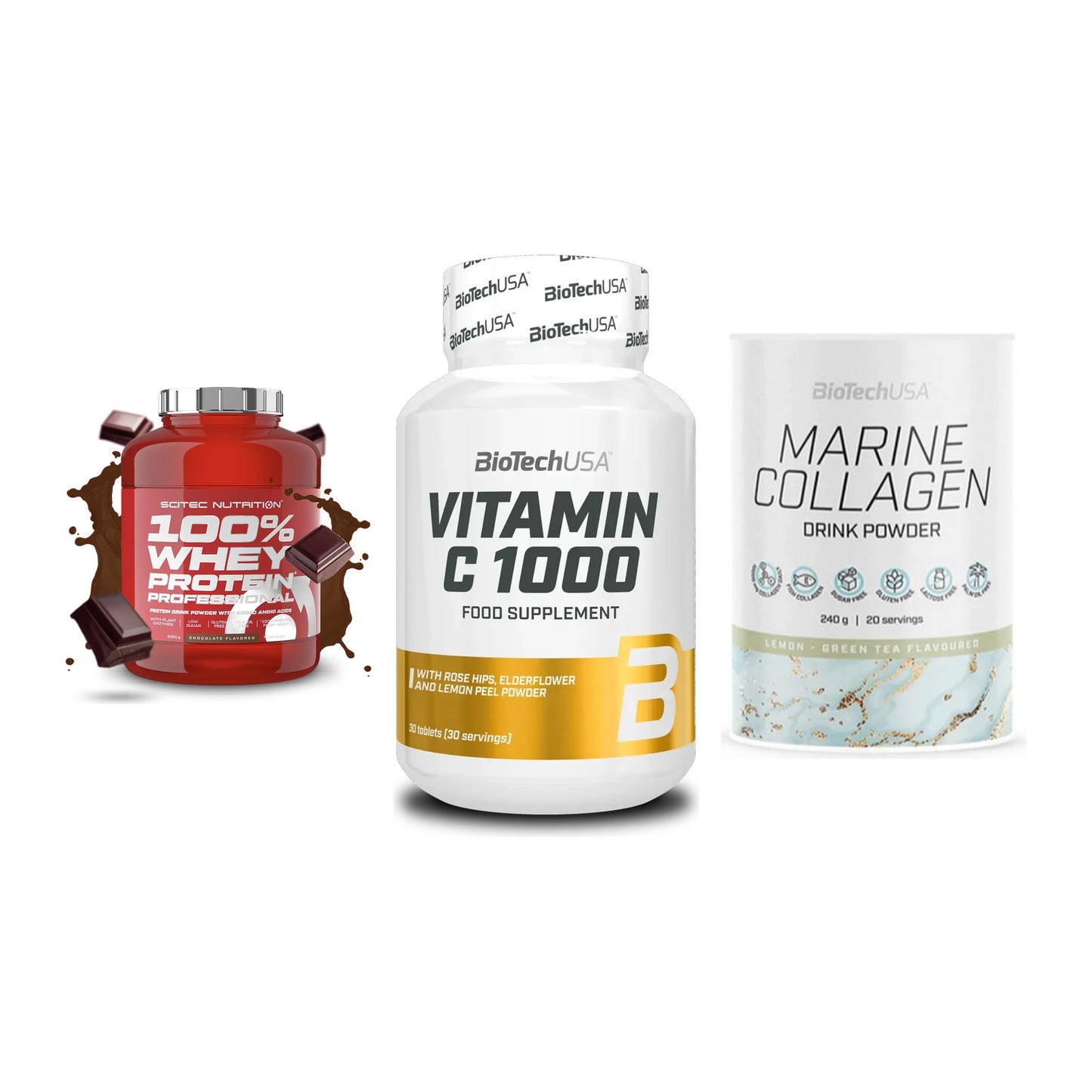 Regenerations-Set: Scitec 100% + BioTech Vitamin + BioTech Marine – alle enthaltenen Artikel