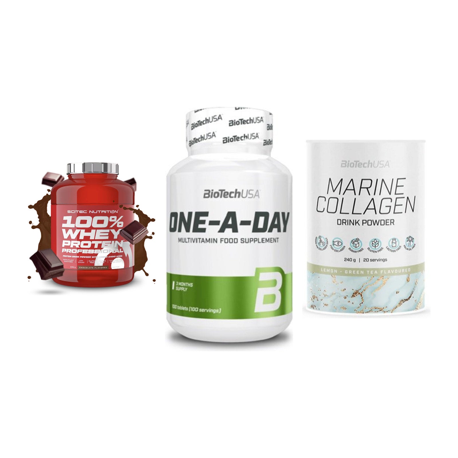 Regenerations-Set: Scitec 100% + BioTech One A + BioTech Marine – alle enthaltenen Artikel