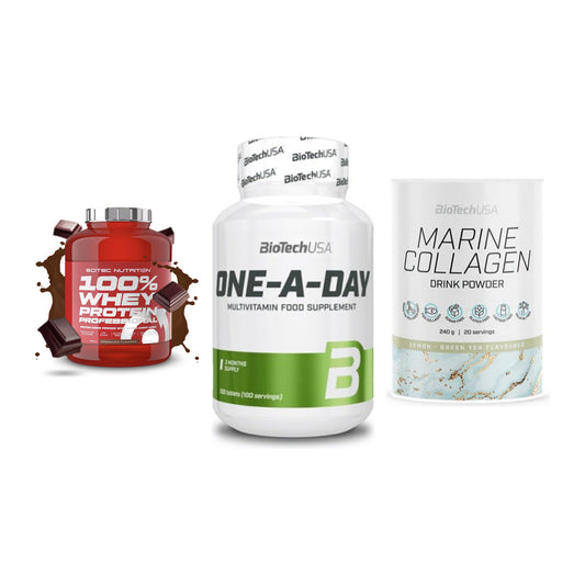 Regenerations-Set: Scitec 100% + BioTech One A + BioTech Marine – alle enthaltenen Artikel