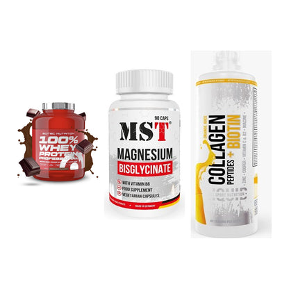 Regenerations-Set: Scitec 100% + MST Magnesium + MST Collagen – alle enthaltenen Artikel