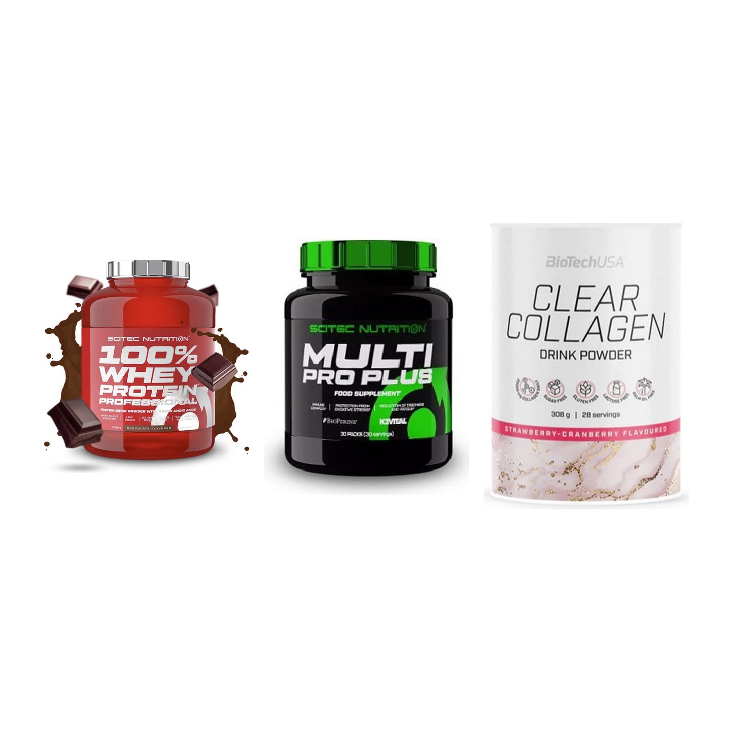 Regenerations-Set: Scitec 100% + Scitec Multi + BioTech Clear – alle enthaltenen Artikel