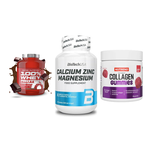Regenerations-Set: Scitec 100% + BioTech Calcium + Nutrend Collage – alle enthaltenen Artikel