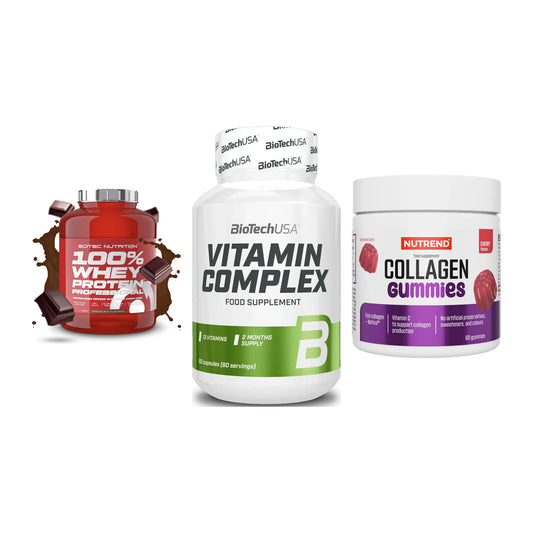 Regenerations-Set: Scitec 100% + BioTech Vitamin + Nutrend Collage – alle enthaltenen Artikel