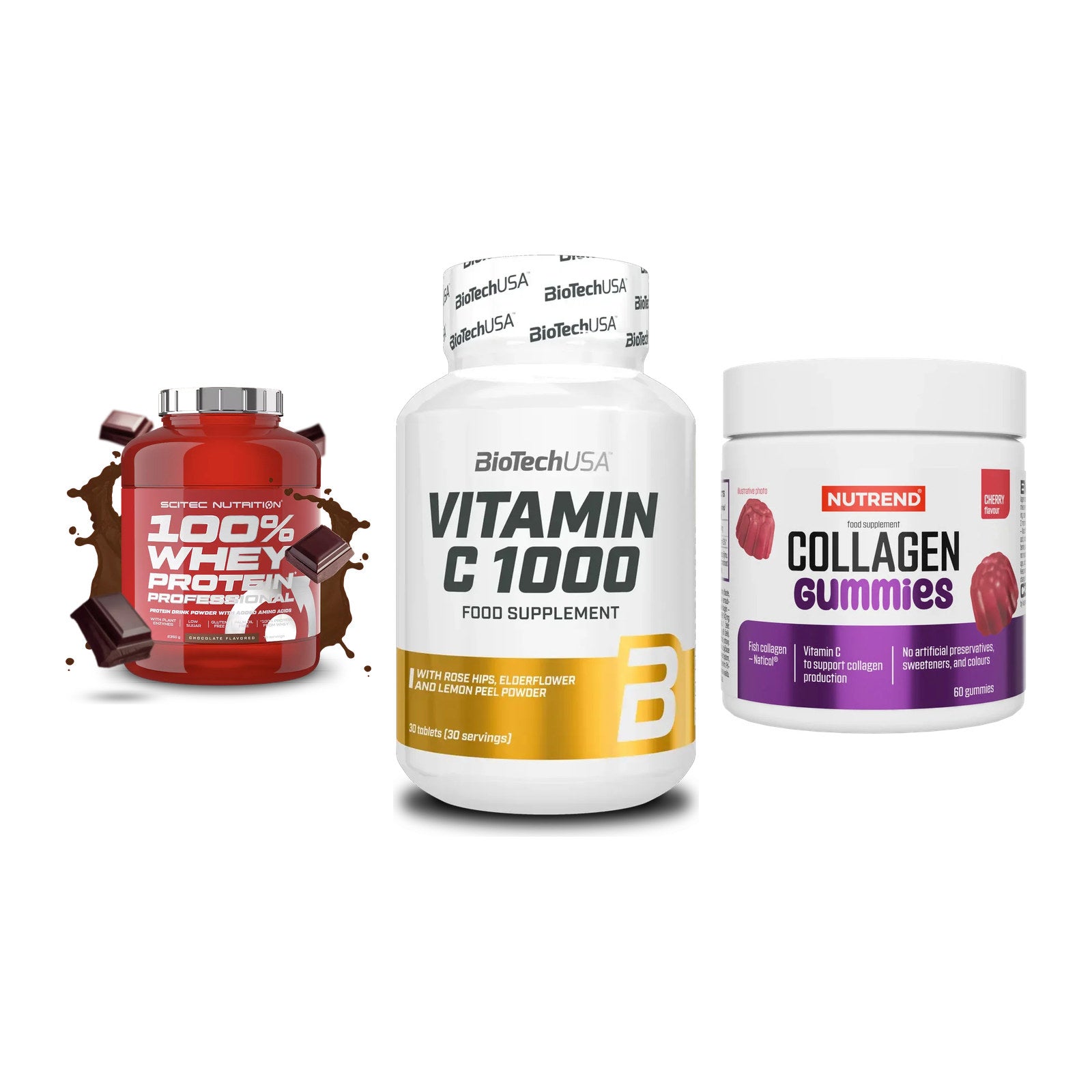 Regenerations-Set: Scitec 100% + BioTech Vitamin + Nutrend Collage – alle enthaltenen Artikel