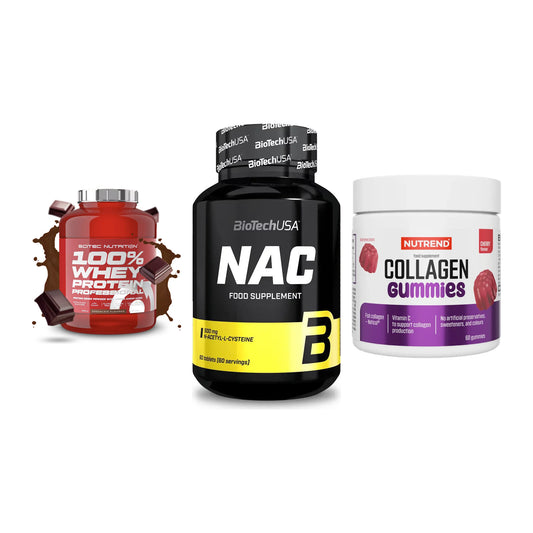 Regenerations-Set: Scitec 100% + BioTech NAC + Nutrend Collage – alle enthaltenen Artikel