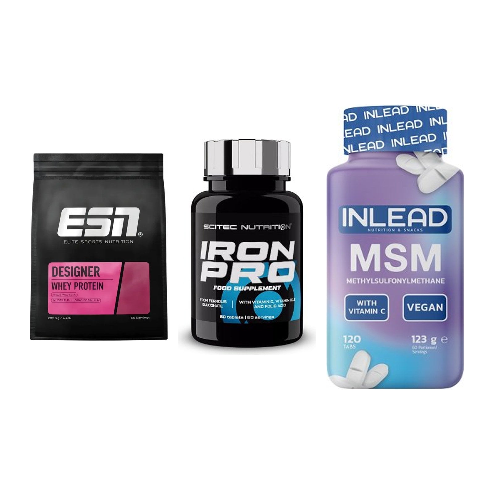 Regenerations-Set: ESN Designer + Scitec Iron Pro + INLEAD MSM – alle enthaltenen Artikel