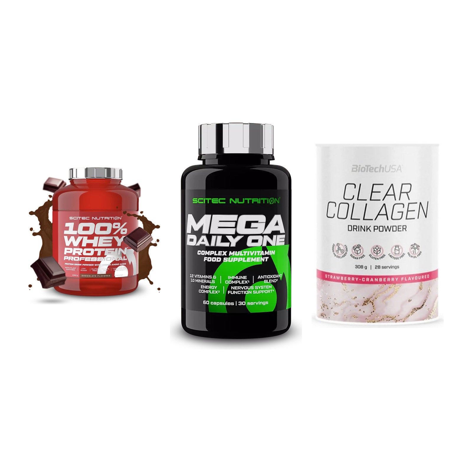 Regenerations-Set: Scitec 100% + Scitec Mega + BioTech Clear – alle enthaltenen Artikel